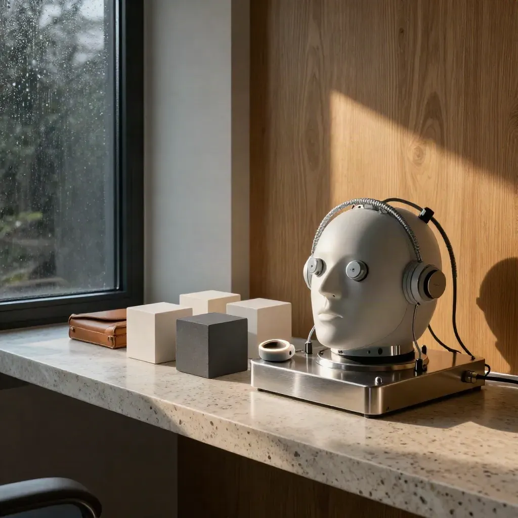 Sunlit neuroscience room with EEG cap, test cubes, sleep tracker and leather case.
