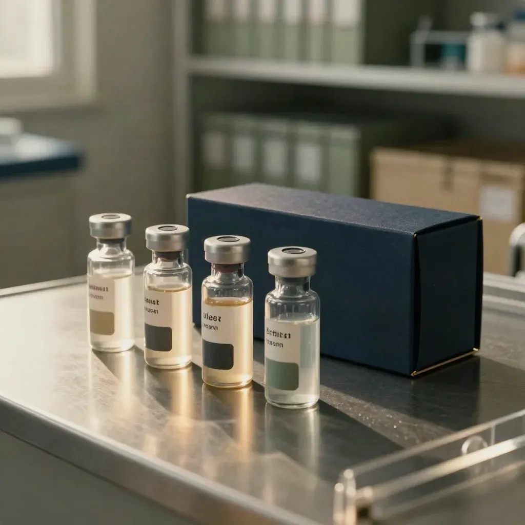 Clinical study kit with vials, colour chips and a navy archival box on a steel bench.