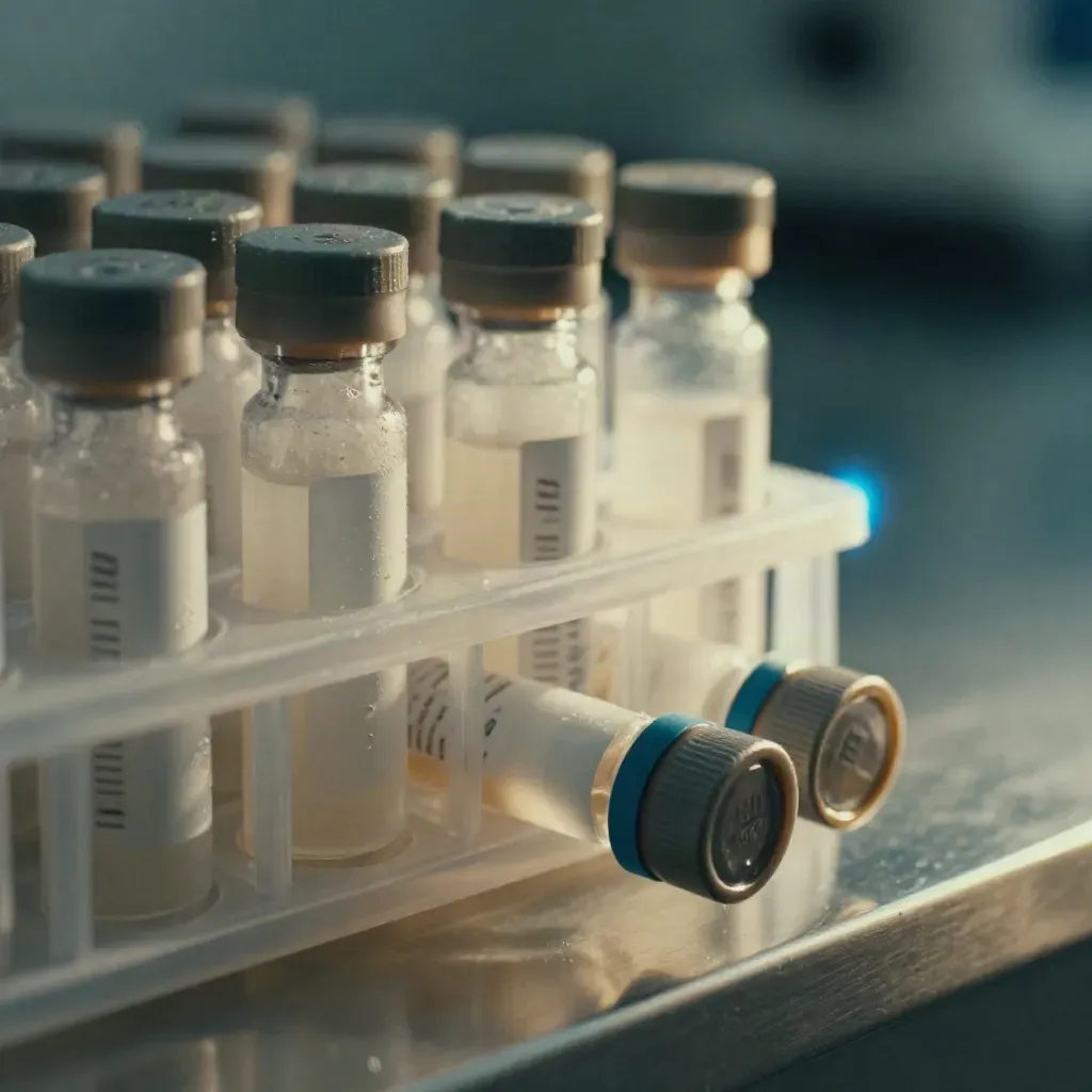 Anonymised sample vials in a frosted rack beside a matte archival tube on a cold lab shelf.