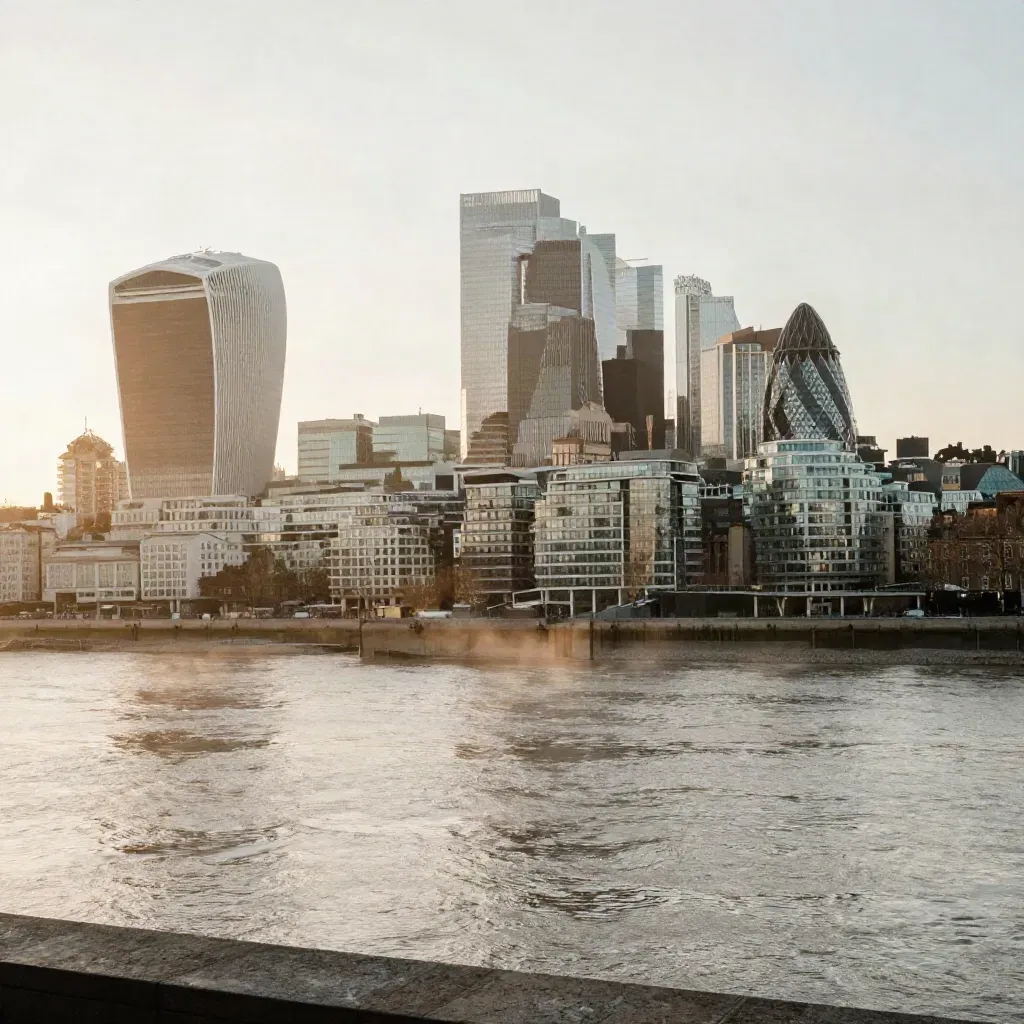 Golden-hour Thames and London skyline with calm river and hazy towers