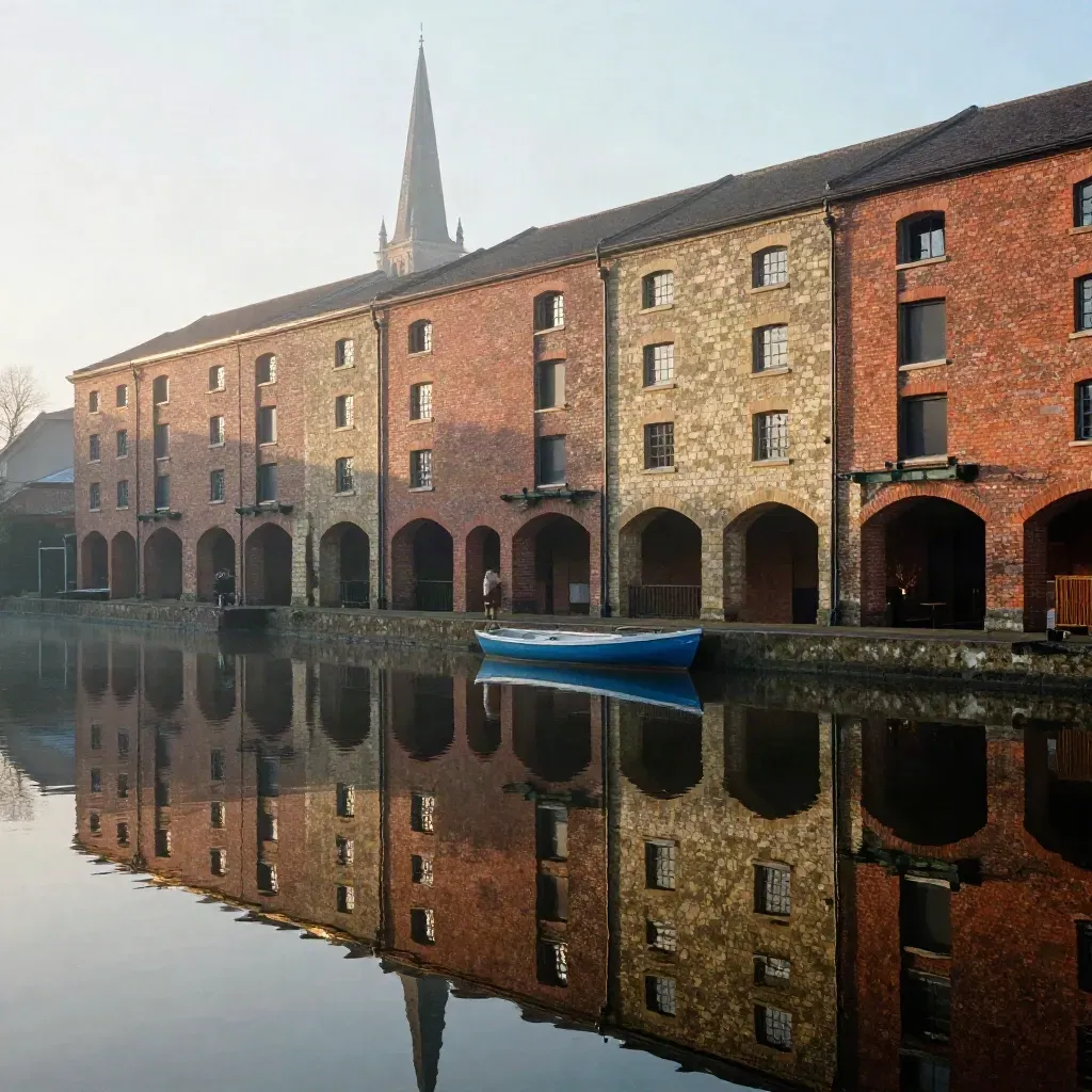Misty Birmingham canal basin with red-brick warehouses and a distant spire at dawn.